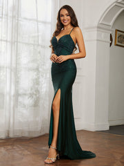 Sweetheart Rhinestone Sheath Dress With Slit Dark Green
