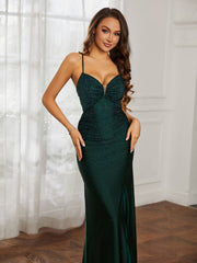 Sweetheart Rhinestone Sheath Dress With Slit Dark Green