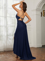 Sweetheart Rhinestone Sheath Dress With Slit Dark Navy