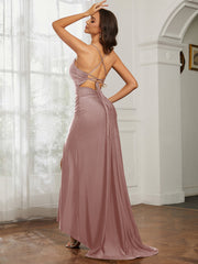 Sweetheart Rhinestone Sheath Dress With Slit Dusty Rose