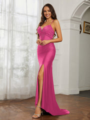 Sweetheart Rhinestone Sheath Dress With Slit Fuchsia