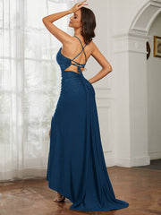 Sweetheart Rhinestone Sheath Dress With Slit Ink Blue Plus Size
