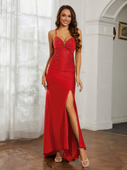 Sweetheart Rhinestone Sheath Dress With Slit Red