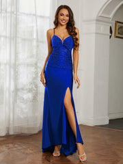 Sweetheart Rhinestone Sheath Dress With Slit Royal Blue