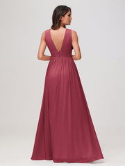 V-neck Sleeveless Chiffon Pleated A-line Dress with Slit Cinnamon Rose