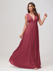 V-neck Sleeveless Chiffon Pleated A-line Dress with Slit Cinnamon Rose
