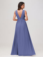 V-neck Sleeveless Chiffon Pleated A-line Dress with Slit Periwinkle