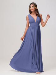 V-neck Sleeveless Chiffon Pleated A-line Dress with Slit Periwinkle