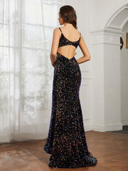 Sequins Sweep Train Mermaid Dress Black Plus Size