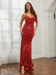Sequins Sweep Train Mermaid Dress Red Plus Size