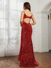 Sequins Sweep Train Mermaid Dress Red Plus Size