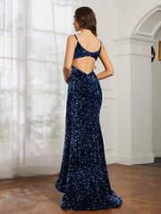 Sequins Sweep Train Mermaid Dress Royal Blue Plus Size