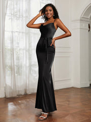 Satin Cowl Neck Mermaid Dress Black