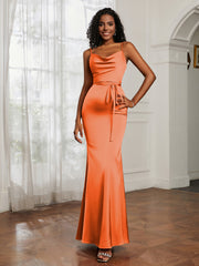 Satin Cowl Neck Mermaid Dress Burnt Orange
