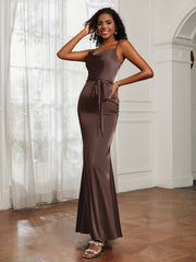 Satin Cowl Neck Mermaid Dress Chocolate Plus Size