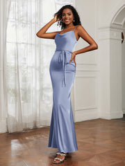 Satin Cowl Neck Mermaid Dress Dusty Blue