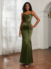 Satin Cowl Neck Mermaid Dress Olive Green