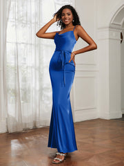 Satin Cowl Neck Mermaid Dress Royal Blue