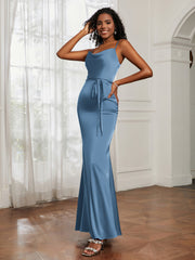 Satin Cowl Neck Mermaid Dress Slate Blue