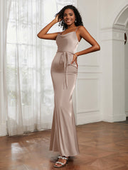 Satin Cowl Neck Mermaid Dress Taupe Plus Size