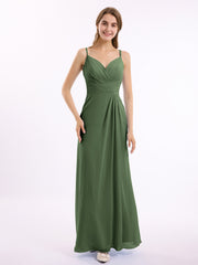 Double Straps Chiffon Dress with Sweetheart Neck Olive Green