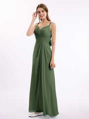 Double Straps Chiffon Dress with Sweetheart Neck Olive Green