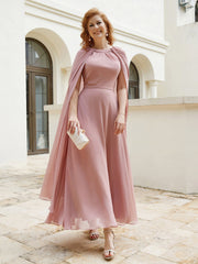 A-line Scoop Tea-length Chiffon Gown Dusty Rose Plus Size