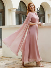A-line Scoop Tea-length Chiffon Gown Dusty Rose Plus Size