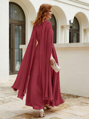 A-line Scoop Tea-length Chiffon Gown Burgundy