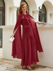 A-line Scoop Tea-length Chiffon Gown Burgundy