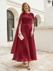 A-line Scoop Tea-length Chiffon Gown Burgundy