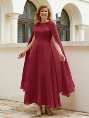 A-line Scoop Tea-length Chiffon Gown Burgundy
