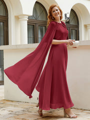 A-line Scoop Tea-length Chiffon Gown Burgundy