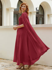 A-line Scoop Tea-length Chiffon Gown Burgundy