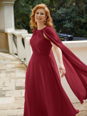 A-line Scoop Tea-length Chiffon Gown Burgundy