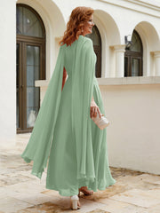 A-line Scoop Tea-length Chiffon Gown Dusty Sage