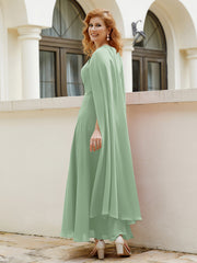 A-line Scoop Tea-length Chiffon Gown Dusty Sage