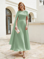 A-line Scoop Tea-length Chiffon Gown Dusty Sage