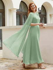 A-line Scoop Tea-length Chiffon Gown Dusty Sage