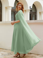 A-line Scoop Tea-length Chiffon Gown Dusty Sage