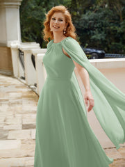 A-line Scoop Tea-length Chiffon Gown Dusty Sage