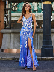 Spaghetti Straps High Slit Tulle Gown Royal Blue Plus Size
