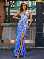 Spaghetti Straps High Slit Tulle Gown Royal Blue Plus Size