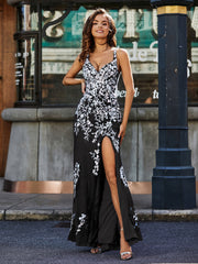 Spaghetti Straps High Slit Tulle Gown Black Plus Size