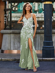 Spaghetti Straps High Slit Tulle Gown Dusty Sage