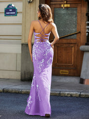 Spaghetti Straps High Slit Tulle Gown Lilac