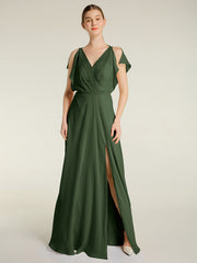 V-neck Long Chiffon Dress with Slit for Bridesmaids Olive Green