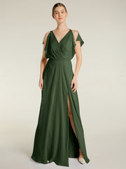 V-neck Long Chiffon Dress with Slit for Bridesmaids Olive Green