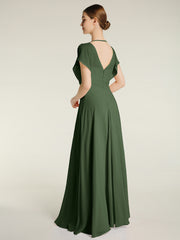 V-neck Long Chiffon Dress with Slit for Bridesmaids Olive Green