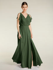 V-neck Long Chiffon Dress with Slit for Bridesmaids Olive Green
